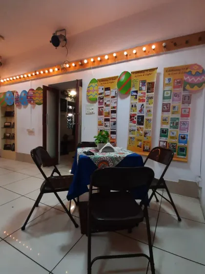 A wide view of our indoor seating area, fully decorated and ready to welcome guests for Easter celebrations.
