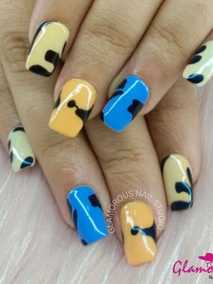 A colorful and abstract design inspired by cow print, using shades of yellow, orange, and blue for a fun and unique look.