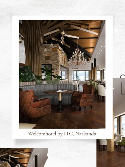 A different perspective of the lounge area at the upcoming Welcomhotel by ITC, Narkanda. The design incorporates a central tree-like structure and varied seating to create distinct zones within the larger space.