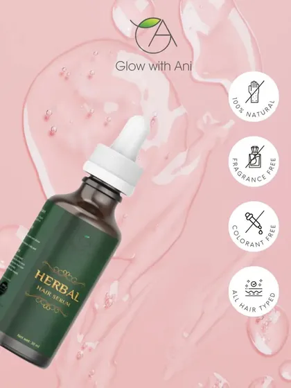 This is my Herbal Hair Serum, a 100% natural, fragrance free, and colorant free formula. It is suitable for all hair types and gives your hair a beautiful, healthy glow without any sticky feeling.