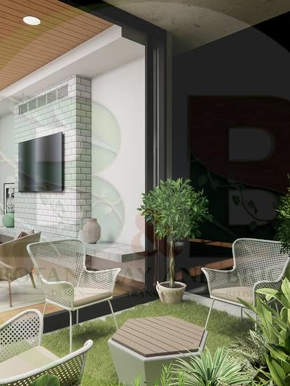 A nighttime 3D render of the transitional living room and patio. This helps visualize the lighting design, both indoors and outdoors, to ensure the space is just as inviting after sunset.