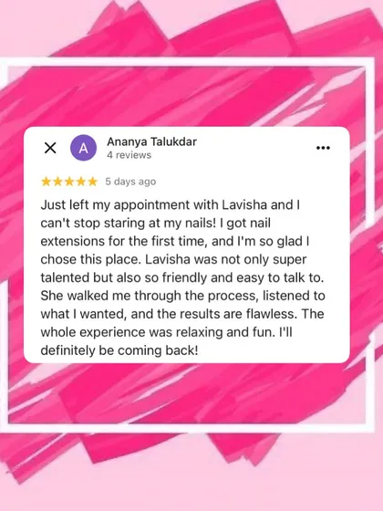 I love hearing from my clients. This five-star review highlights the friendly service and flawless results for a first-timer getting nail extensions, which is exactly the experience I aim to provide for everyone.