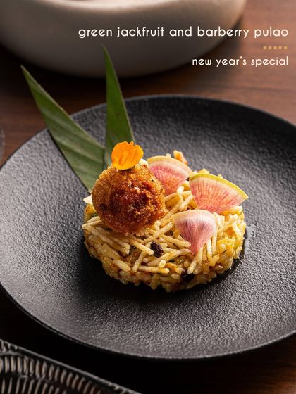 Green jackfruit and barberry pulao, a flavourful and festive rice dish from our New Year's Eve tasting menu.