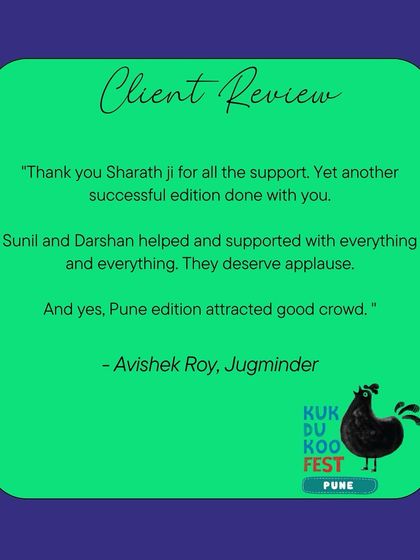 Another successful edition with the Kukdukoo Fest team. This review from the organizer praises my team's support and highlights the success of the Pune event, showcasing our strong and ongoing partnership.