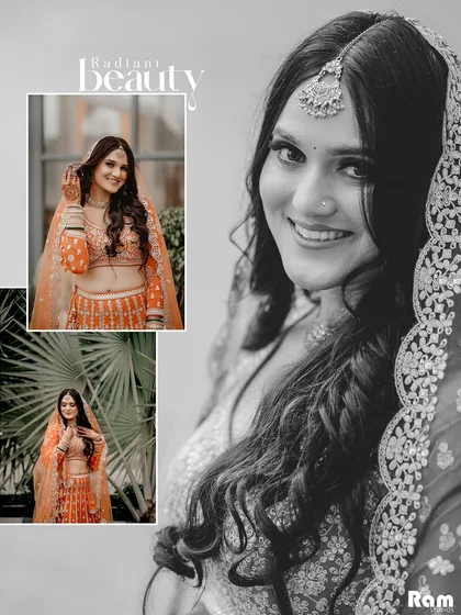 This collage celebrates the bride's "Radiant Beauty" on her engagement day. It combines a stunning black and white close-up with vibrant color portraits to showcase her complete look.