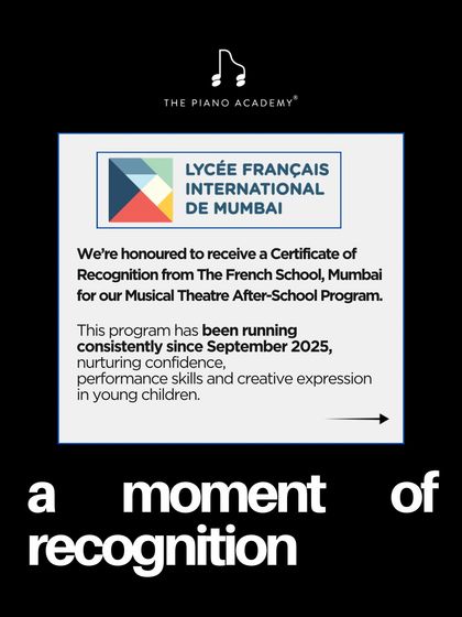 A moment of recognition. A graphic celebrating the certificate we received from the Lycée Français International de Mumbai for our consistent and impactful Musical Theatre program.