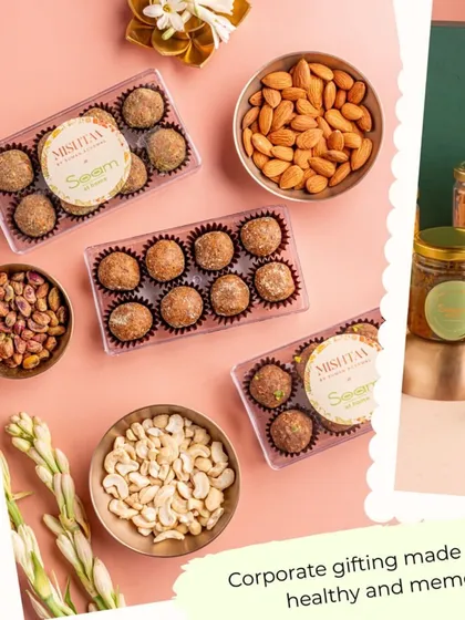 Corporate gifting made easy, healthy, and memorable. This image showcases my assorted laddoo boxes and dry fruit jars, perfect for impressing colleagues and clients during the festive season.