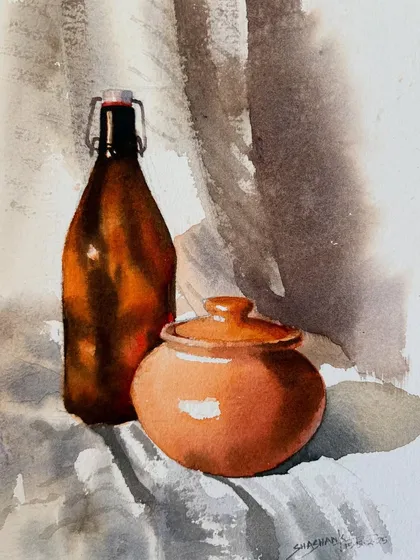 A simple still life composition featuring a glass bottle and a clay pot. This watercolor painting is a study in light, shadow, and the transparency of glass versus the opacity of pottery.