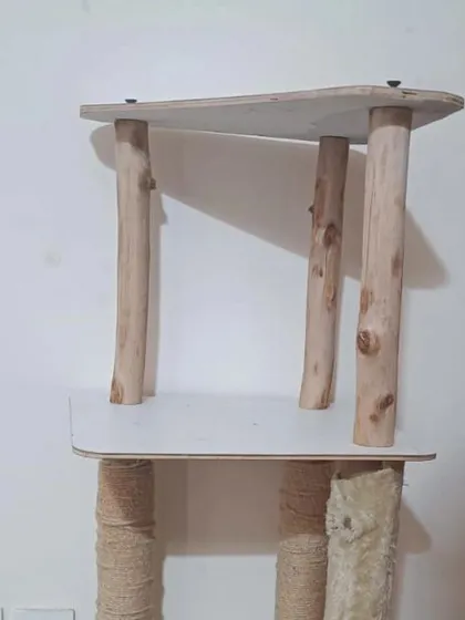 Prototyping a cat tree using different materials. Here, I'm comparing the sturdiness of natural Eucalyptus pillars against traditional options and testing pre-laminated plywood for easy cleanup.