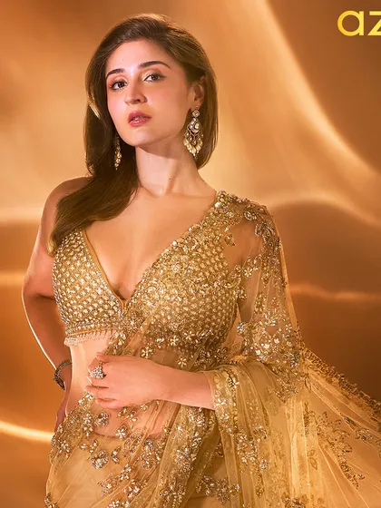 The final cover shot for Aza Fashions with Dhvani Bhanushali. This golden saree look was all about creating a moment of pure desi glam.