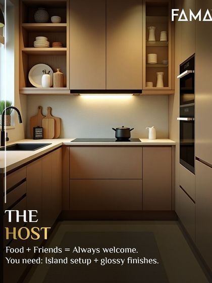 This kitchen is for "The Host." The warm, neutral tones, glossy finishes, and open layout with an island setup are perfect for welcoming food and friends. It is a space designed for entertaining.