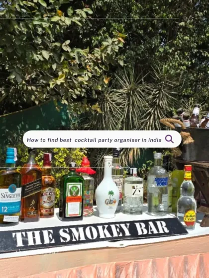 This image playfully answers the question 'How to find the best cocktail party organiser in India'. It showcases a well-stocked bar with my branding, ready for an outdoor celebration.