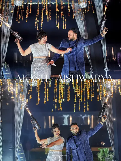A dramatic couple entry at their Sangeet, complete with cold pyro guns for a fun, high-energy moment that gets the party started.