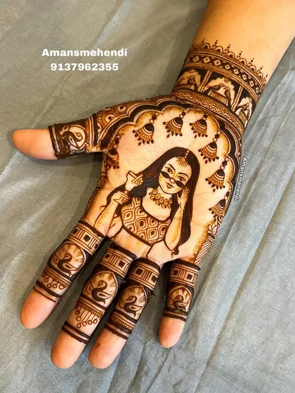 A close-up of the Teej festival portrait, showing the fine details in the woman's face, jewelry, and the decorative jhumka bells.