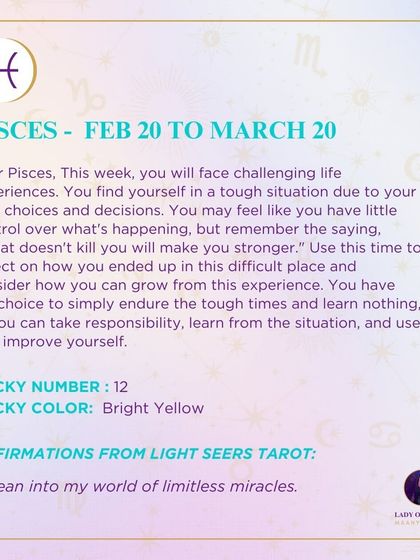 A weekly tarot forecast for Pisces. This week, you will face challenging life experiences. You have the choice to simply endure the tough times and learn nothing, or you can take responsibility, learn from the situation, and use it to improve yourself.