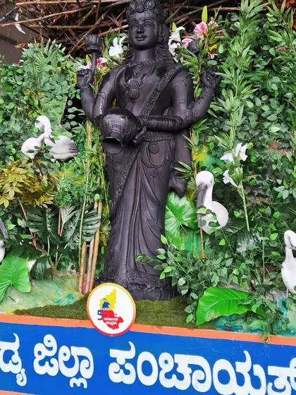 For the Mandya Zilla Panchayat, I designed this float with a serene goddess figure surrounded by lush greenery and birds. The goal was to create a beautiful and calm scene that celebrates nature and divinity.