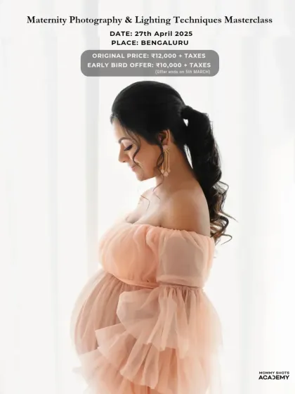 An announcement for the Maternity Photography & Lighting Techniques Masterclass with early bird pricing.