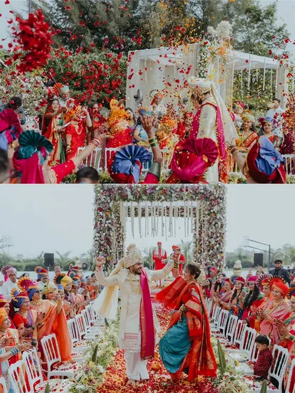 The couple's joyful exit as husband and wife, walking down an aisle covered in red petals while being celebrated by their guests.