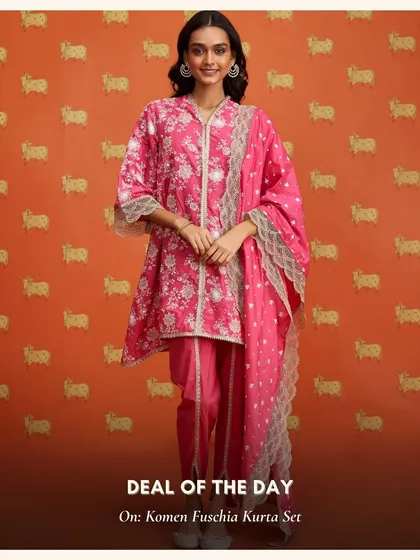 The Komen Fuschia Kurta Set is back as a deal of the day. This vibrant pink is perfect for making a statement at your next event.