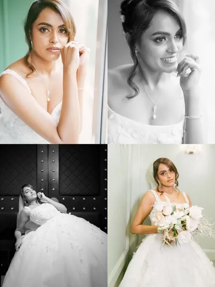 A collage of stunning bridal portraits in both color and black and white. These images showcase the bride's beauty and the versatility of our portrait style.