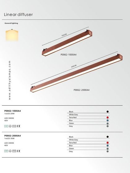 A product specification sheet for the linear diffuser from the Braided Tape Series, detailing its dimensions, power, and color options.