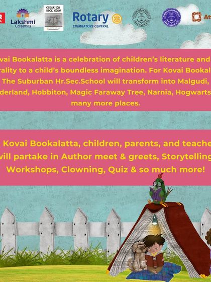 A poster detailing the magical worlds and activities at 'Kovai Bookalatta'.
