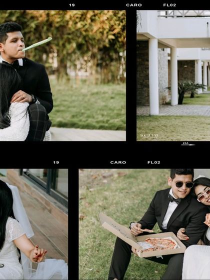 A collection of fun moments from a casual pre-wedding shoot. The couple is seen sharing pizza and being playful, resulting in authentic and memorable photos.