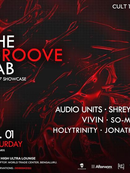 A poster for "The Groove Lab" with a red, abstract, and energetic design. The visual style communicates a night of intense, driving, and powerful electronic music.
