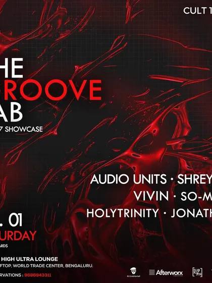 A poster for "The Groove Lab" with a red, abstract, and energetic design. The visual style communicates a night of intense, driving, and powerful electronic music.