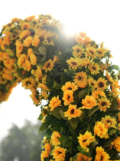 Sunlight streaming through a sunflower arch. This photo captures the magical, sun-kissed feeling I aimed to create with this Haldi decor.