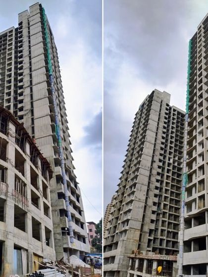 A collage of photos from a residential construction site in North Mumbai. These images show the towers at different angles, capturing the progress as the structures rise from the ground up.