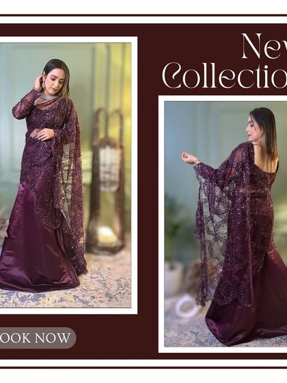 A "Book Now" collage for this new wine-colored Indo-Western piece, showing it from different angles.