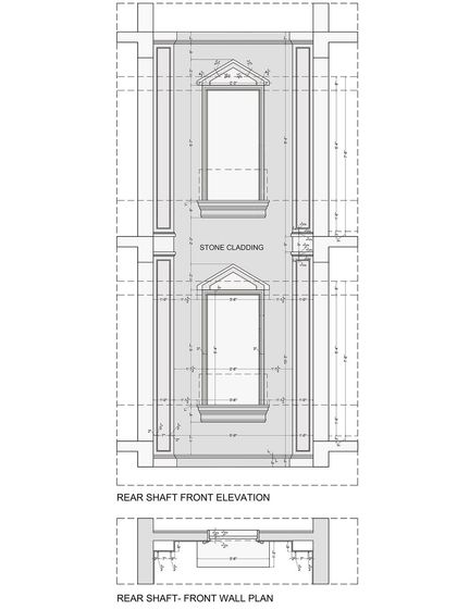 The rear shaft front elevation and plan for the Kaira residence. These technical drawings detail the classical mouldings and stone cladding designed to adorn the open-to-sky shaft, ensuring it is a beautiful feature.