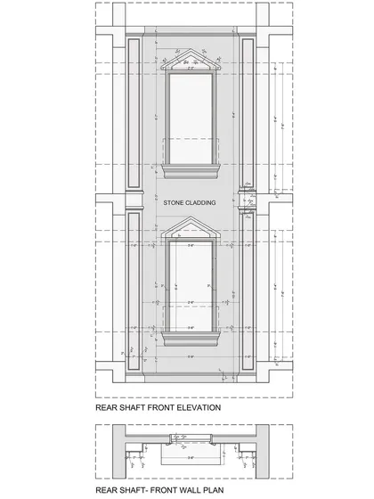 Technical drawings for the open-to-sky shaft in the KAIRA residence. The plans and elevations detail the stone cladding and classical mouldings used to adorn the shaft walls.