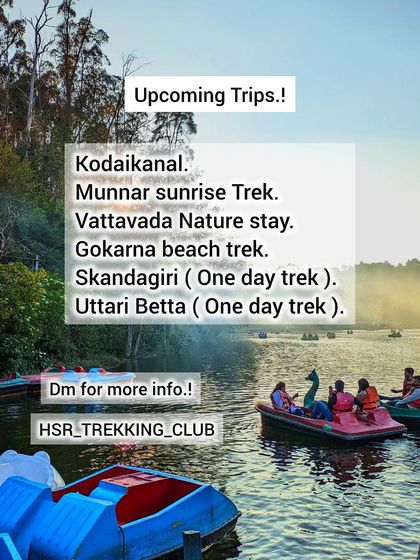 A graphic listing my upcoming trips, including Kodaikanal, Munnar, and one-day treks from Bangalore.