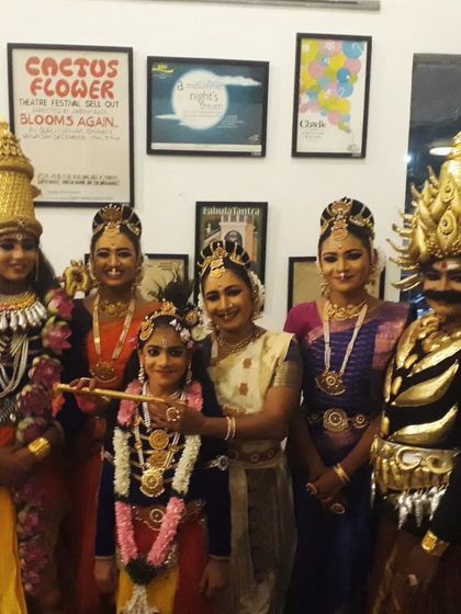 A candid moment with some of our lead performers from "KRISHNA" backstage. The elaborate costumes and makeup showcase the incredible transformation our artists undergo for a show.