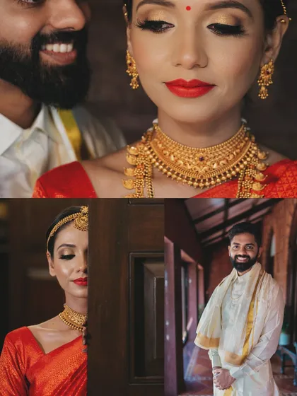 A collage of couple portraits, blending an intimate close-up with playful, candid moments that show their connection.