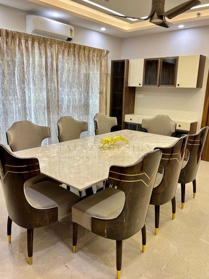 Another view of this luxurious dining set, showing the accompanying crockery unit in the background. The entire setup is designed to be cohesive, functional, and beautiful.