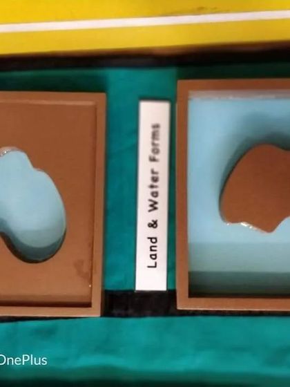 The Land and Water Forms are a sensorial geography material. By pouring water into these forms, children gain a concrete understanding of concepts like 'island' (land surrounded by water) and 'lake' (water surrounded by land).