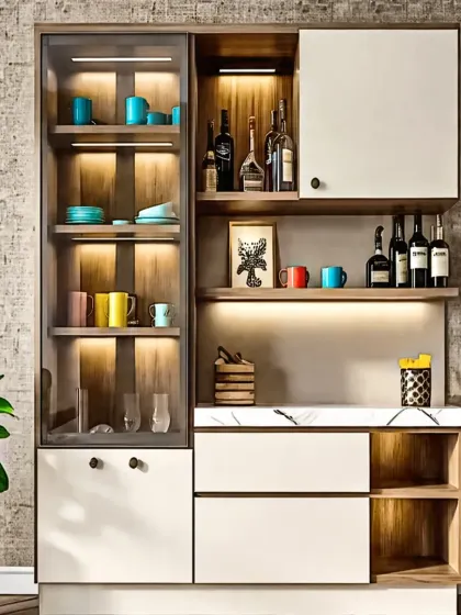 A modern crockery unit designed for both display and storage. It includes a glass-front cabinet with internal lighting, open shelves for a mini-bar setup, and a marble countertop for serving.