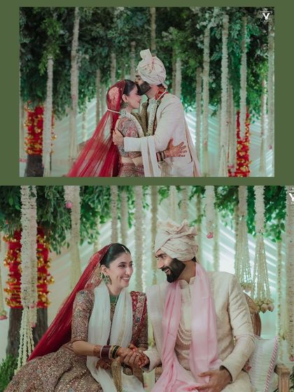 A collage of tender moments from the wedding ceremony. The couple shares a kiss on the forehead and a loving glance, surrounded by beautiful floral decor.