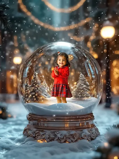 A magical Christmas snow globe. This composite image places a happy little girl inside a winter wonderland, creating a unique and enchanting holiday portrait.