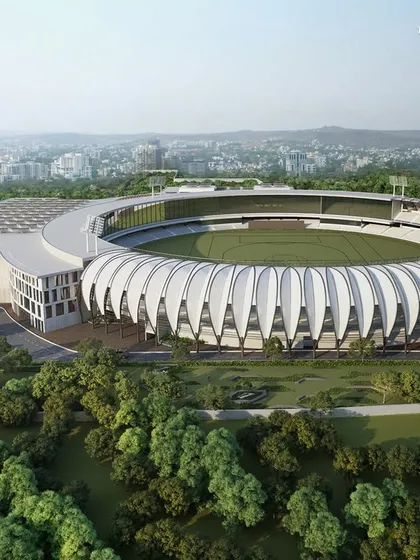 An aerial view of the iconic sports stadium for our 70-acre master plan for Bharati Vidyapeeth University in Pune. This project is part of a grand vision to create a unified urban community, integrating academic, cultural, and sports facilities into a cohesive whole.