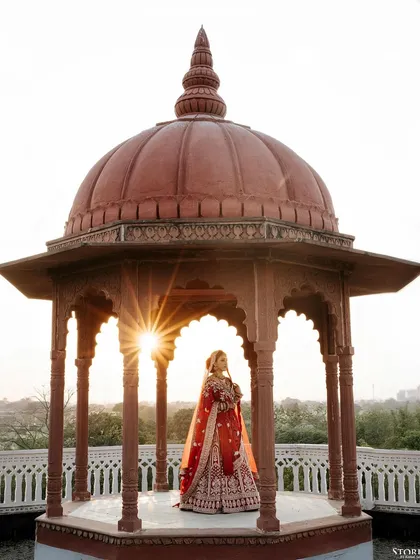 A bridal portrait of Muskan, framed by the sun against a majestic Rajasthani backdrop. I aim to create images that are not just beautiful, but feel like a piece of classic art, reflecting the bride's elegance.