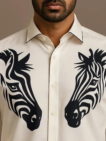 A close-up view of the zebra embroidery, showing the intricate pattern work within the design. The black piping on the collar adds a final touch of sharpness.