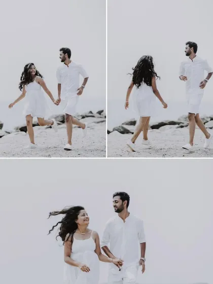 A collage of a couple in white, walking and interacting playfully on a serene beach.