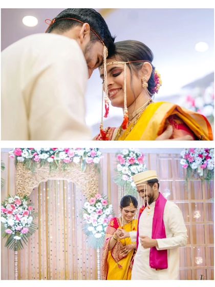 A collage capturing the tender moments and rituals of a Maharashtrian wedding, from the exchange of garlands to quiet glances.