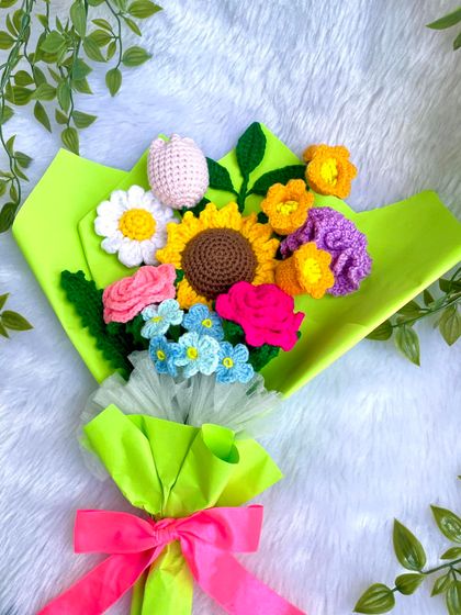 Another view of the vibrant bouquet, showcasing its beautiful mix of handmade flowers and colors.