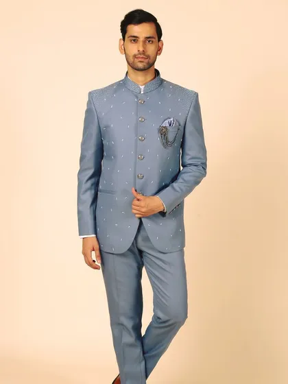 A classic Bandhgala in pastel blue, with delicate embroidery of beads and pearls. This suit is perfect for the season and the occasion, tailor-made to your fit for a sharp, elegant look.