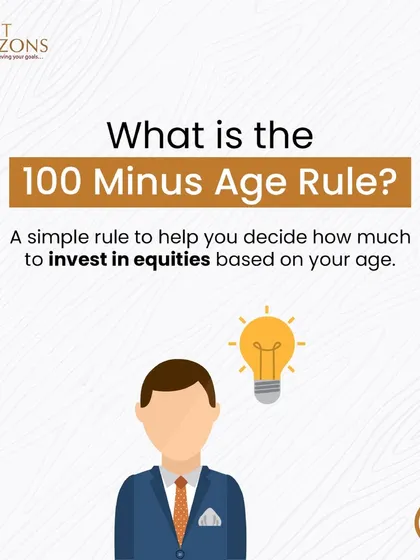 An introduction to the "100 Minus Age Rule," a simple guideline to help decide how much to invest in equities based on your age. The graphic uses a lightbulb icon to signify a bright idea for investors.